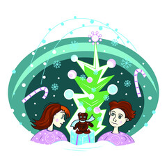 A boy and a girl located near New Year tree and looking at teddy bear on a present box, children at Christmas or New Year Eve, kids located on Christmas background with snow and snowflakes.