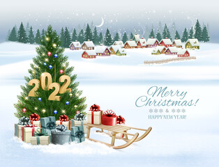 Holiday Christmas and Happy New Year background with a winter village and  christmas tree, winter sledge and colorful presents. Vector. - obrazy, fototapety, plakaty