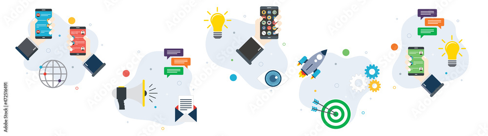 Poster message app, communication, innovation, competition and business icons. concepts of message app, com