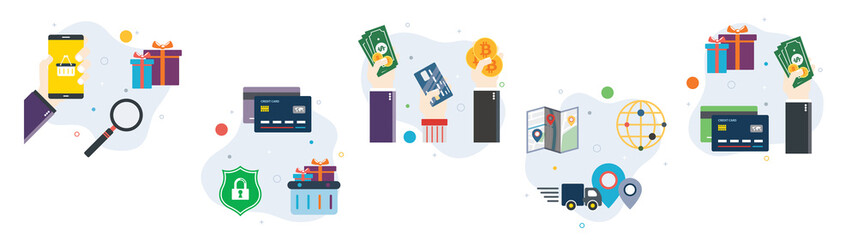 Online shopping, e-commerce, purchase, payment and delivery icons. Concepts of online shopping, purchase payment, payment methods, purchase delivery. Flat design icons in vector illustration. 
