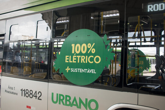 Brasilia, DF Brazil, November 25, 2021: The new modern Electric Buses being used in the Capital City of Brazil