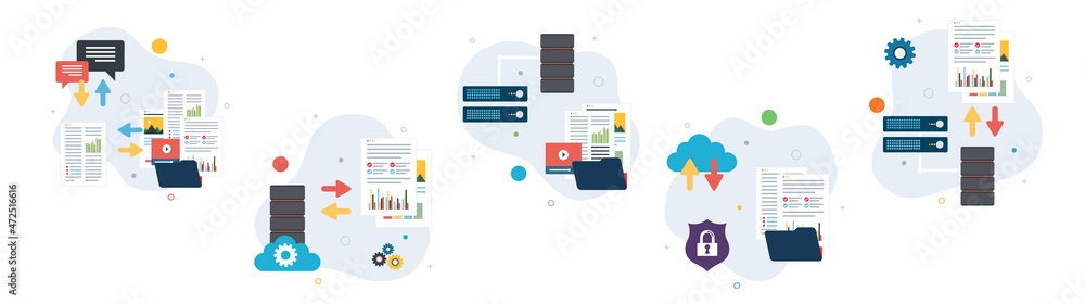 Poster file sharing, shared documents, data backup and download files safely. technology and computer icon 