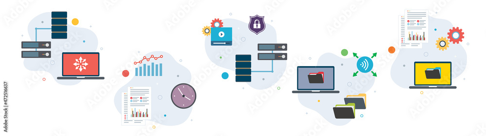 Poster computer network, documents organization, video server data and wireless connection. flat design ico