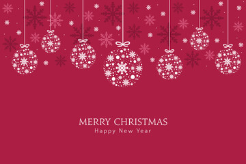 Merry Christmas greeting card, design of xmas with hanging decorative balls and falling red flakes on red vector background.