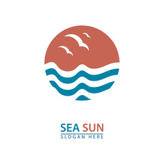 sea waves sun and seagulls tourist logo icon