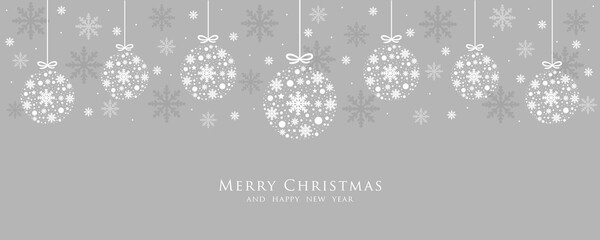 Naklejka na ściany i meble Xmas banner with hanging decorative balls and white and silver snowflakes. Vector design of winter holidays. Merry Christmas greeting card.