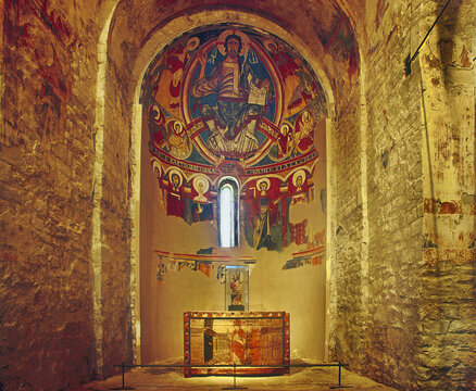 Unique interior decoration of Romanesque church Sant Climent de Taull in the Boi Valley in Catalonia. This is one of the nine churches which belongs to the UNESCO World Heritage Site