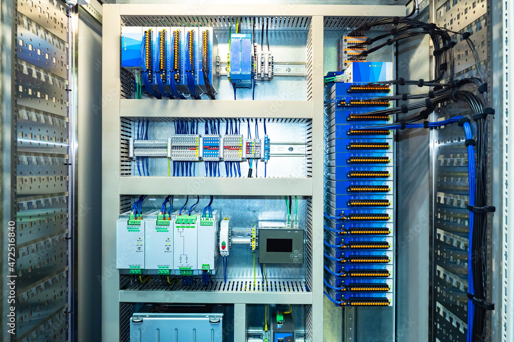 Poster voltage distributor with circuit breakers. electrical background. switchboard with many switches and
