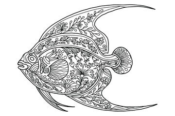fish drawn with floral ornaments in folk style on a white background for coloring, vector