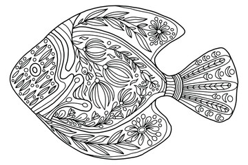 Coloring fish with abstract flowers and branches in folk style drawn on a white background, vector