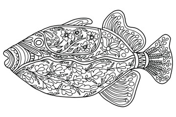 abstract fish with figures and flowers in folk style drawn on a white background for coloring, vector