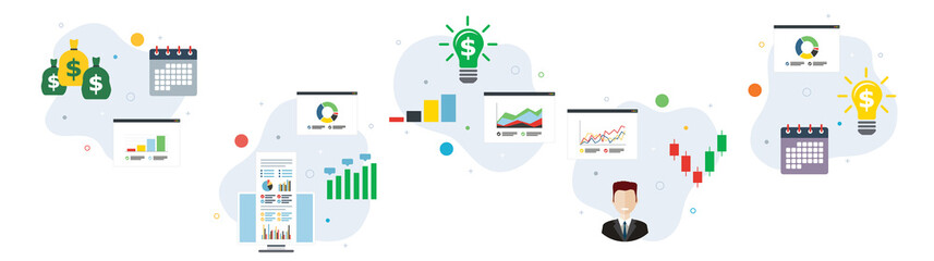 Concepts of financial profitability, financial application, expertise investment and stock market investor. Flat design icons in vector illustration.