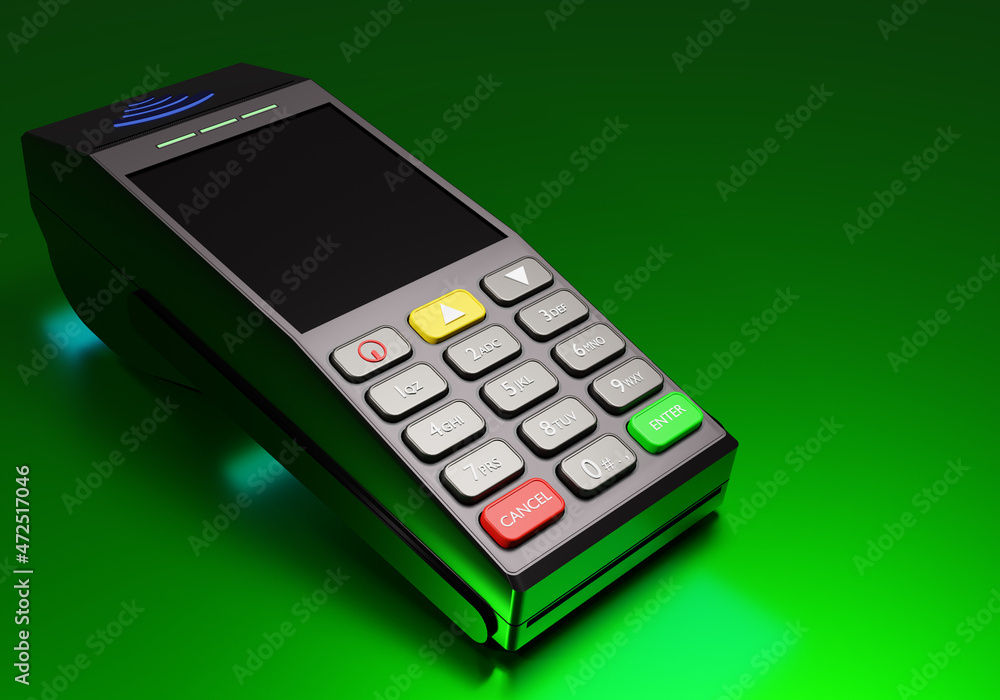 Aufkleber online payment terminal concept. pos terminal on green background. contectless payment equipment. ba