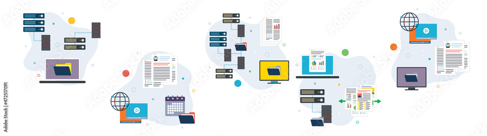 Poster network, computer, storage, and file transfer icons. concepts of network solutions, computer files, 
