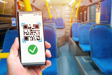 QR code for public transport. QR code in city bus. Concept - electronic travel card for telephone....
