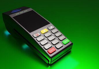 Obraz premium Online payment terminal concept. POS terminal on green background. Contectless payment equipment. Banking POS equipment. Mockup of detailed POS terminal. Payment using NFC. 3d rendering