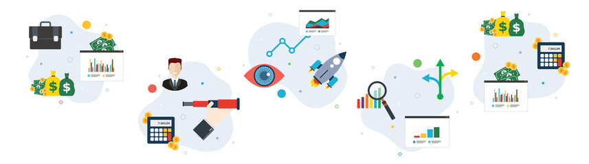 Concepts of investment opportunity, business visionary, growth vision and finance decision. Flat design icons in vector illustration.