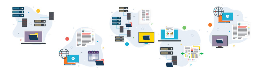 Network, computer, storage, and file transfer icons. Concepts of network solutions, computer files, storage computer and file transfer. Flat design icons in vector illustration.