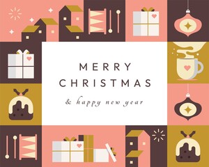 Merry Christmas and Happy New Year. Festive Xmas design with a frame made of decorative elements. Cute Christmas poster, holiday banner, flyer, stylish brochure, greeting card.
