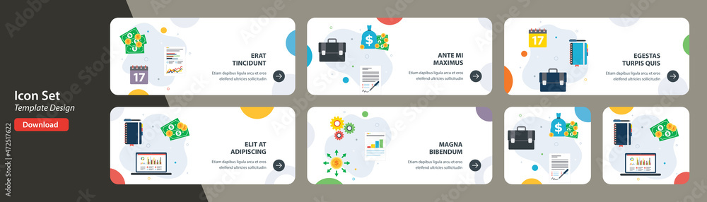Aufkleber web banners template in vector with icons of investment data, financial management, contract signatu