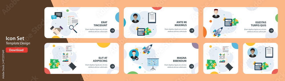 Poster web banners template in vector with icons of accountancy balance, calculating tax, startup strategy 