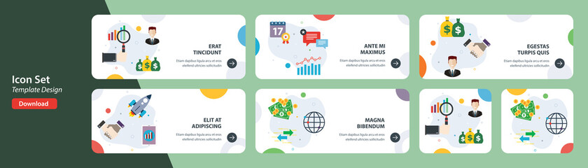 Web banners template in vector with icons of analysis investment, success business, financial investment, global investment.  Flat design icons in vector illustration.
