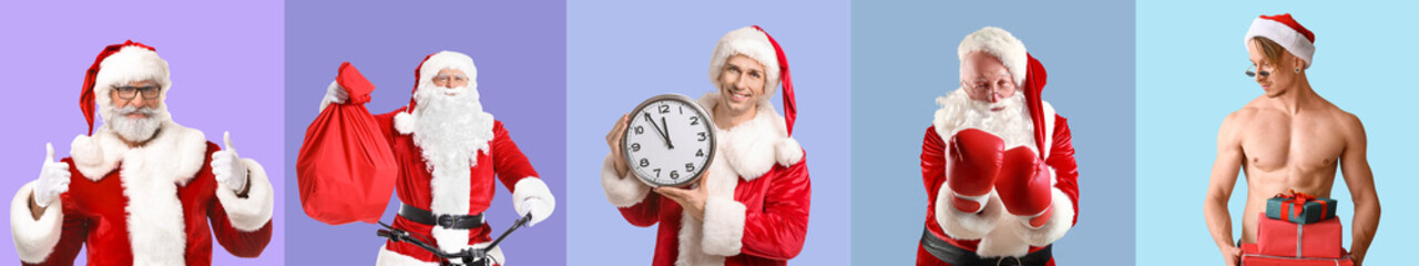 Different cool Santa Clauses on color background