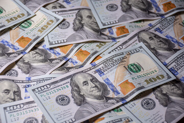 One hundred American dollars. dollar bills. 100 American dollars. Franklin. finances, payments.