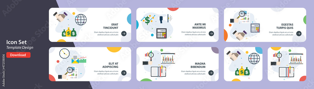 Poster web banners template in vector with icons of business investment, chart analysis, calculations rate 