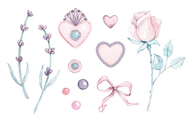 Watercolor set of Provence Lavender, rose, heart, brooch, pendant, precious stones, button, pearls, ribbon. For valentine, birthday cards, mother day, linen, wrapping paper, wallpaper, textile.