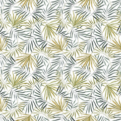 Green summer tropical background with exotic palm leaves. Seamless pattern of paradise jungle tree. On white background. For summer beach swimwear, textile, wallpaper, wrapping paper, design texture.