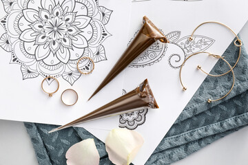 Henna paints and ornament examples, top view
