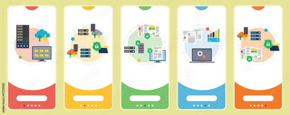 Poster concepts of mainframe computer, cloud storage security, data protection, big data machine. web banne