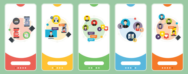 Concepts of wireless network, virtual communication, social network, connection digital. Web banners template with flat design icons in vector illustration.