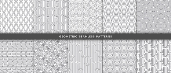  Set of geometric seamless pattern with circle and curve lines. Abstract background monochrome modern stylish