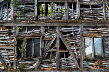 ruins of old bosnian wooden house in wood