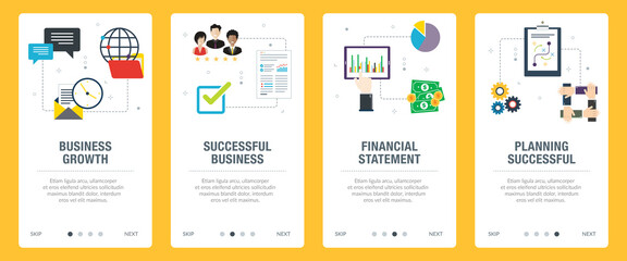 Business, growth, leadership, financial, statement and planning icons.