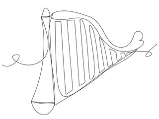 Musical harp in one line on a white background. Vector illustration of a stringed instrument for playing a pleasant melody. Stock image with a symbol of culture and aristocracy.
