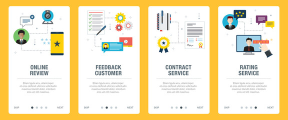  Online review, feedback customer, contract service and rating service. Internet website banner concept with icon set. Web banners template with flat design icons in vector illustration.