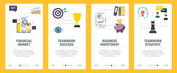 Financial market, teamwork success, business investment and teamwork strategy. Web banners template with flat design icons in vector illustration.