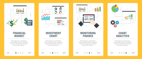 Financial market, investment chart, monitoring finance and chart analytics. Web banners template with flat design icons in vector illustration.