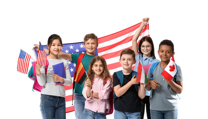 Pupils of language school with different flags on white background - obrazy, fototapety, plakaty