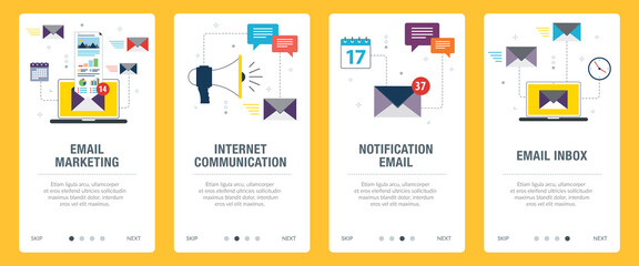  Concepts of email marketing, internet communication, notification email and email inbox. Web banners template with flat design icons in vector illustration.