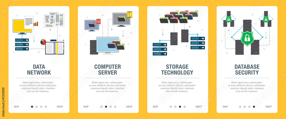 Poster network, computer, server, business, technology, database, and security icons. concepts of data netw