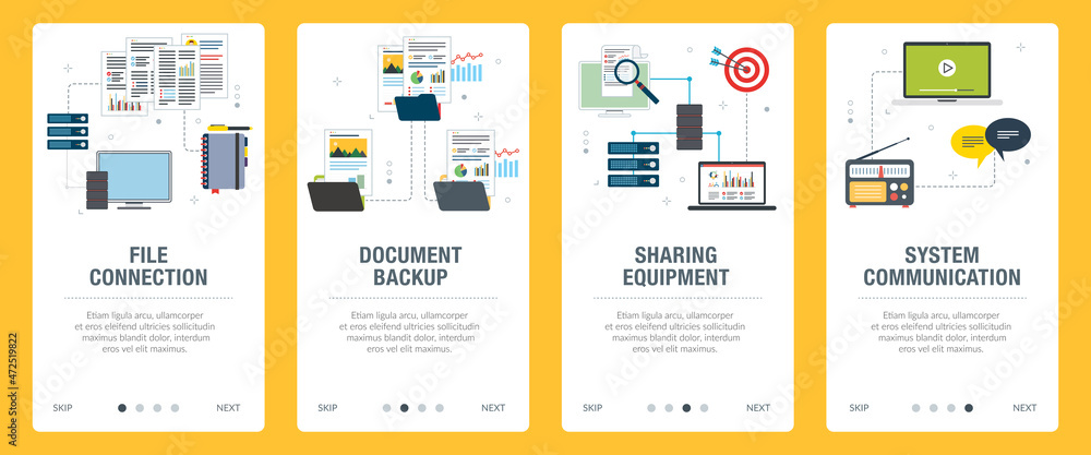 Poster concepts of file connection, document backup, sharing equipment and system communication. web banner
