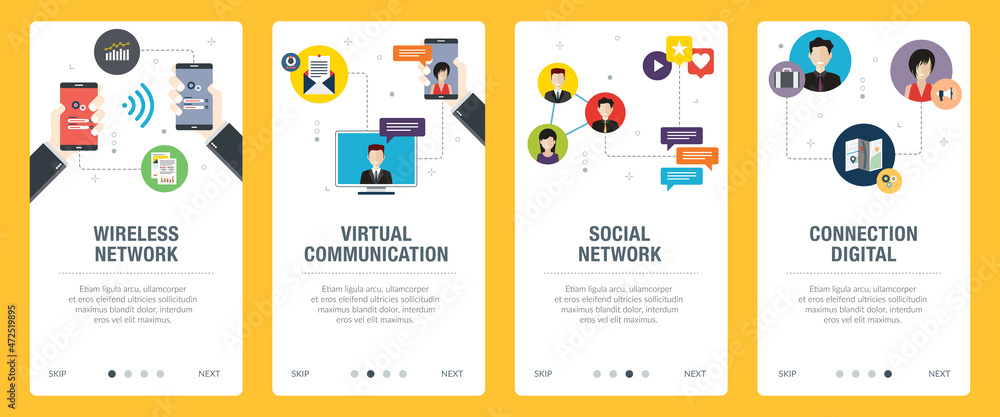 Poster concepts of wireless network, virtual communication, social network, connection digital. web banners