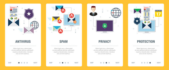 Concepts of antivirus for protection,  blocking spam, protect of privacy, virus and phishing. Web banners template with flat design icons in vector illustration.