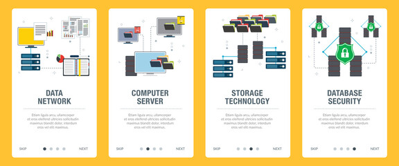 Network, computer, server, business, technology, database, and security icons. Concepts of data network, computer server, storage technology and database security. 