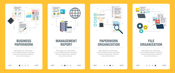 Concepts of business paperwork, management report, paperwork organization, file organization. Web banners template with flat design icons in vector illustration.