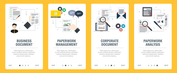 Concepts of business document, paperwork management, corporate document, paperwork analysis. Web banners template with flat design icons in vector illustration.